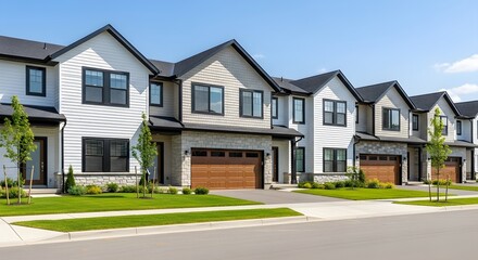 Modern Row of New Construction Townhouses with Driveways and Green Lawns