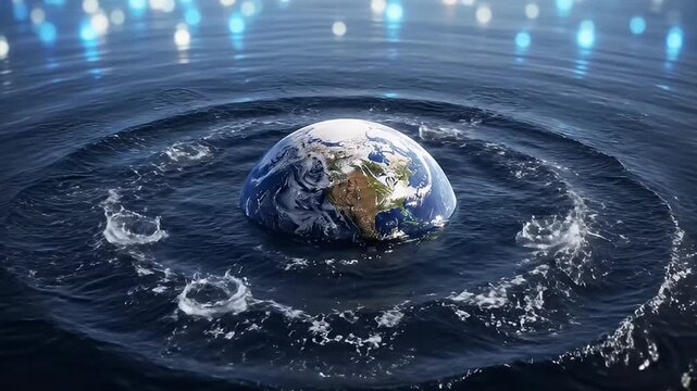 A breathtaking animated render features a realistic Earth model dynamically interacting with vast, deep blue water, creating mesmerizing ripples and energetic splashes. The scene is illuminated by eth
