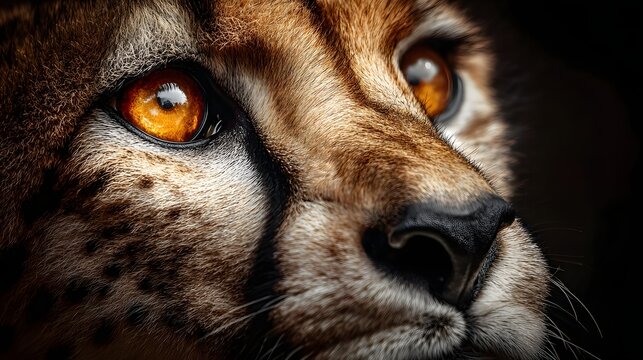 Intense close up portrait captures the captivating amber eyes and spotted fur of a wild feline