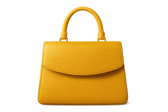 Yellow leather handbag with a top handle for fashion and style, presenting a luxury accessory on transparent background