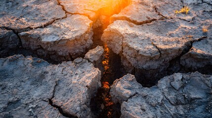 Intense sunlight illuminates deeply cracked, arid soil surface suggesting severe drought conditions.