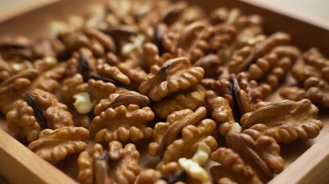 A close-up shot of shelled walnuts