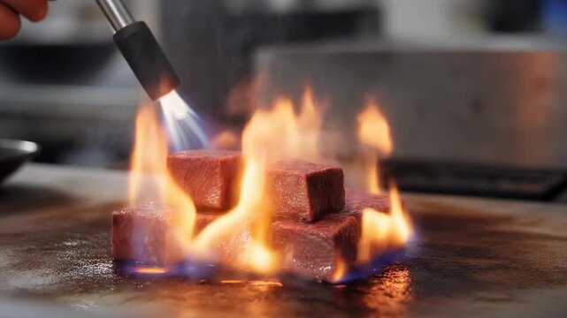 A culinary master chef skillfully using a flame torch to prepare a gourmet meal