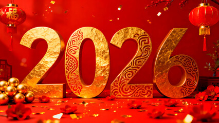 Golden 2026 numerals with intricate designs celebrate the Chinese Lunar New Year on a vibrant red background adorned with traditional lanterns and festive decorations for a prosperous year ahead