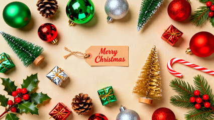 Festive christmas arrangement featuring ornaments gifts and a merry christmas tag creating a joyful holiday spirit perfect for seasonal greetings and festive backgrounds this december