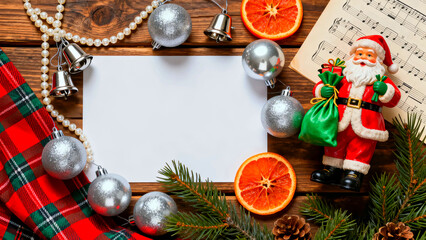 Festive christmas flat lay featuring santa claus figurine ornaments and blank card on a rustic wooden background perfect for holiday greetings and seasonal promotions