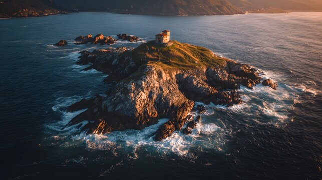 Elevated view captures historic coastal fortification perched above churning ocean waves at sunset - Powered by Adobe