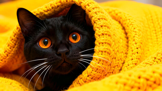 Black cat with striking orange eyes is nestled comfortably in a bright yellow knitted blanket creating a cozy and adorable scene perfect for pet lovers and animal enthusiasts alike