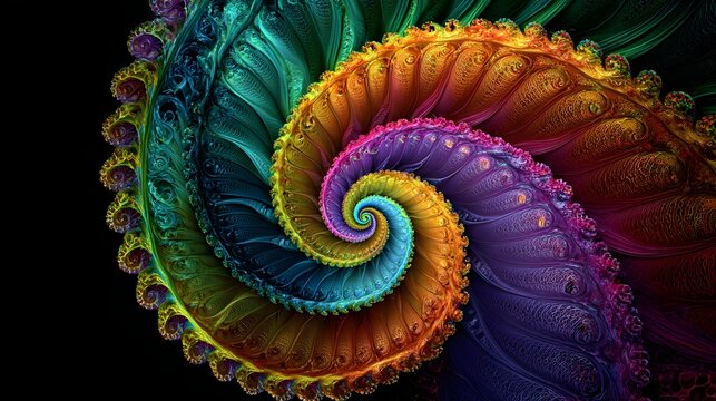 Intricate three dimensional mathematical curve displays a vibrant rainbow gradient against absolute black