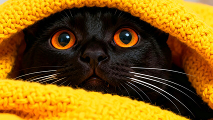 Closeup of a black cat with striking orange eyes peering out from under a cozy yellow knitted blanket or sweater showcasing its adorable face and captivating gaze in a warm and comforting setting