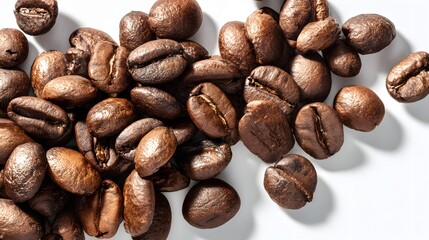 Dark roasted coffee beans scattered across a bright white surface with dramatic lighting