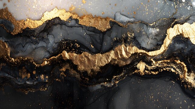 Abstract fluid art features dynamic layers of deep black and grey contrasted with striking metallic gold accents