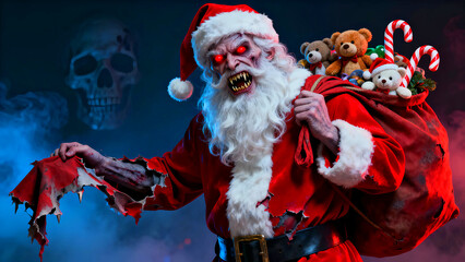 Zombie santa with glowing red eyes carries a sack full of toys and candy canes in a dark and spooky scene with a skull in the background for a scary christmas holiday themed design