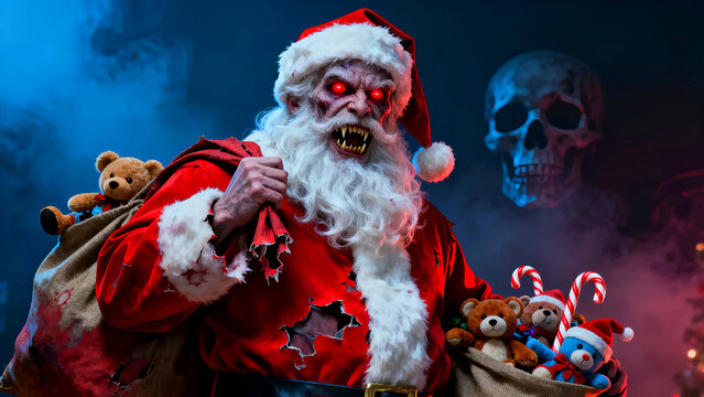 Creepy zombie Santa Claus with glowing red eyes holds bags of toys and candy canes against a smoky backdrop with a skull for a scary holiday season themed design