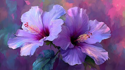 Two vibrant purple blossoms display detailed stamens against an impressionistic colorful background