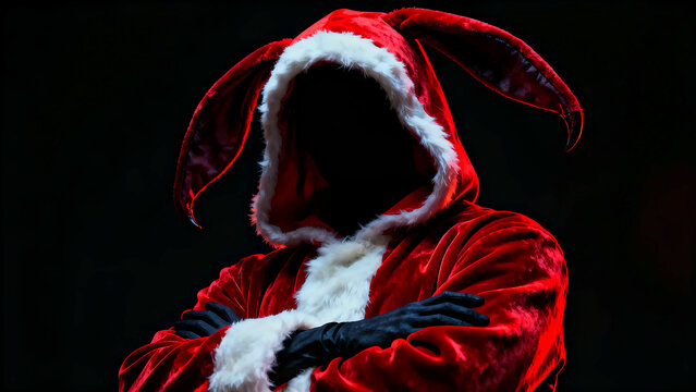 Mysterious figure in a red bunny suit with a hood stands against a dark background creating a spooky and intriguing atmosphere perfect for Halloween or themed events and costume parties