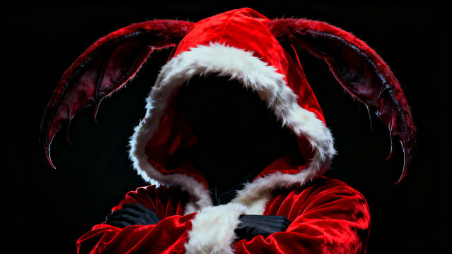 Krampus in a santa suit with dark wings emerges from the shadows a festive yet sinister figure for holiday horror themes and dark christmas designs and gothic winter concepts