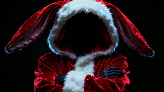 Creepy easter bunny in a red velvet suit with white fur trim stands in the dark with crossed arms and long black claws for a spooky holiday theme or horror concept