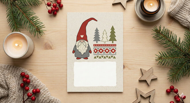 Scandinavian Minimalist Christmas Card Template with Tomte Gnome Illustration