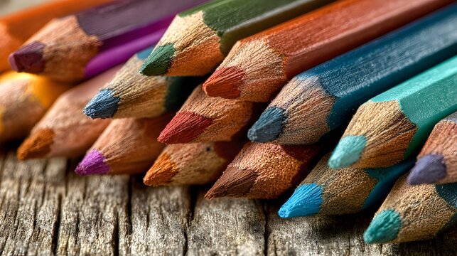Assortment of sharpened colored drawing instruments resting on a textured wooden surface