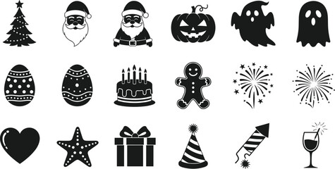 Naklejka premium Diverse Holiday and Celebration Icon Collection: Christmas Tree, Santa, Jack-o'-Lantern, Ghosts, Easter Eggs, Cake, Fireworks, Gifts, and Party Vector Silhouette Set