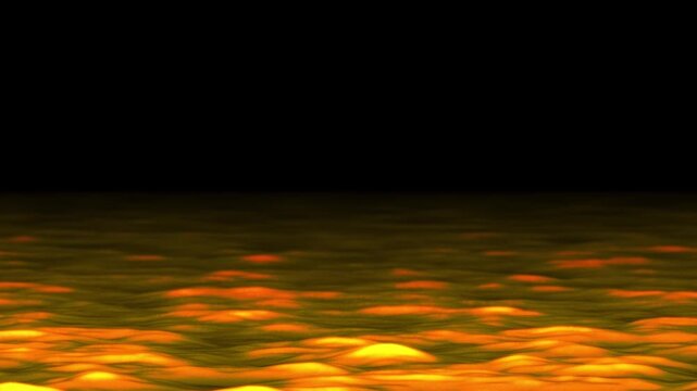 Cinemagraph of the glowing orange sea surface with rolling waves and ripples on dark background. Aerial front view. Natural loopable seamless background