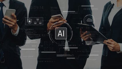 Diverse professionals engage with devices in a modern office, showcasing advanced technology, data analysis, and collaboration in a digital landscape. Raster