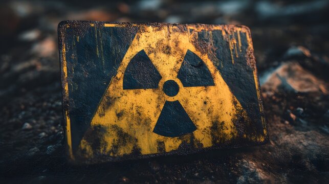 Highly weathered and rusted hazard warning symbol rests on uneven, dark ground