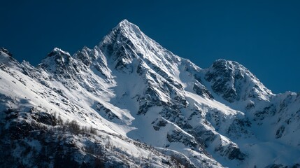 Fototapeta premium Towering jagged mountain peaks are completely covered in brilliant white snow beneath a deep blue sky