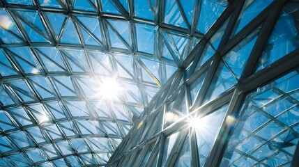 Brilliant sunlight streams through a complex, curved glass and metal roof structure