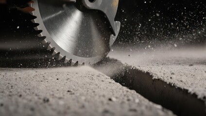 Close-up of a circular saw cutting concrete with dust flying.