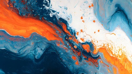 Vibrant fluid dynamics show an abstract mixture of deep blue, bright orange, and white pigments creating flowing patterns