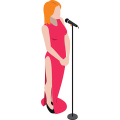 Woman In A Striking Red Dress With High Slits Standing At A Microphone On A White Background In A Studio Presentation