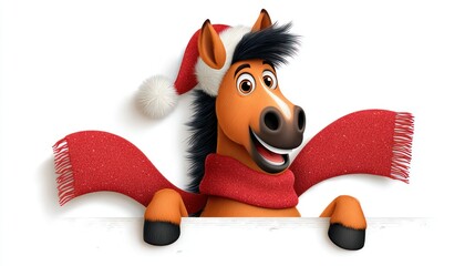 Cartoon horse wearing Santa hat holding blank sign
