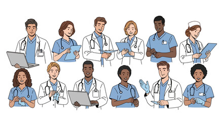 A diverse group of medical professionals, including doctors and nurses, in various poses.