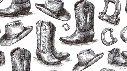 Hand drawn illustration pattern features various western apparel and equestrian hardware elements
