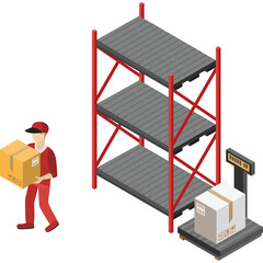 Warehouse worker in red uniform carries a box near a gray three-tiered metal shelf unit and a black digital scale with a package on it under studio lighting
