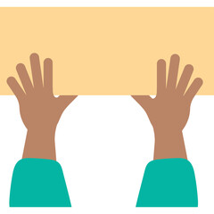 Two Open Hands Holding A Tan Blank Sign Against A White Background With Teal Sleeves Visible From Below