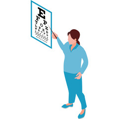 Woman in blue scrubs pointing at an eye chart with letters and symbols for vision test with a transparent background