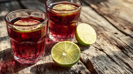 Two glasses of dark red beverage garnished with citrus slices rest upon weathered wooden planks bathed in sunlight.