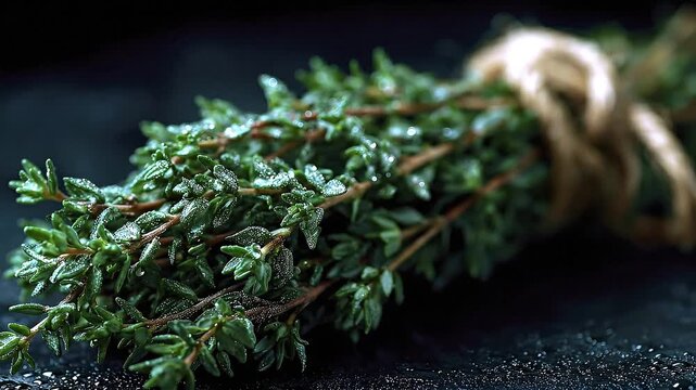 Dewcovered thyme sprigs tied with twine rest on a dark wet surface