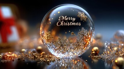 Glass sphere wishing merry christmas with golden snowflakes
