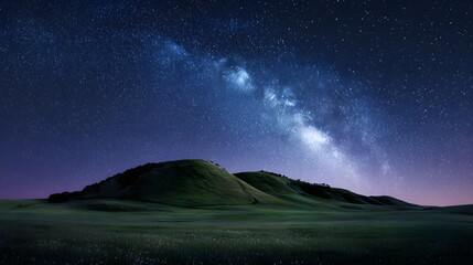 Brilliant galaxy stretches across the dark night sky above rolling hills and fields