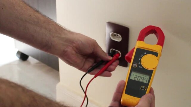 Male hand using digital multimeter to test the voltage of wall power outlet. Horizontal video ideal for electrical safety commercials, home maintenance, and professional electrician services.