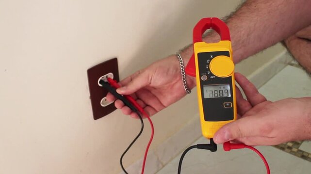 Close-up of man's hand measuring voltage on household power socket with a multimeter. Horizontal video perfect for home repair, safety awareness, electrical inspection and tech service.