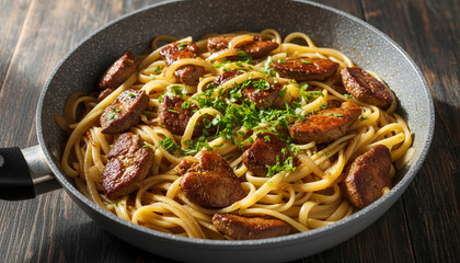 Linguine pasta with fried pork medallions and onions in a frying pan, a savory homemade dinner dish with herbs