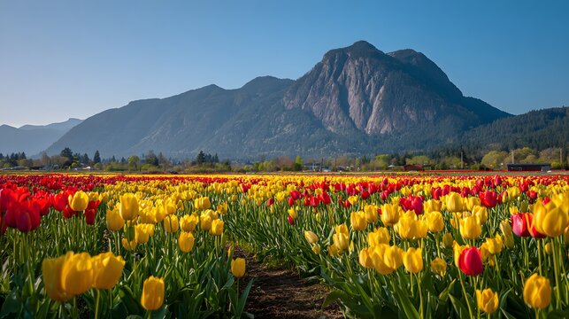 Vast rows of bright red and yellow tulips stretch toward large mountains under a clear blue sky