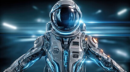 A futuristic astronaut in a high-tech spacesuit with backlighting against a space scene. Concept for future space missions.