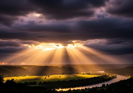 Glorious beams light up the landscape through a gap in stormy clouds - Powered by Adobe