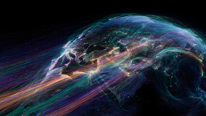 Abstract digital artwork featuring Earth within a matrix of crisscrossing telecommunication beams, IoT networks, 5G towers, and satellite clusters creating an omnipresent web of connectivity